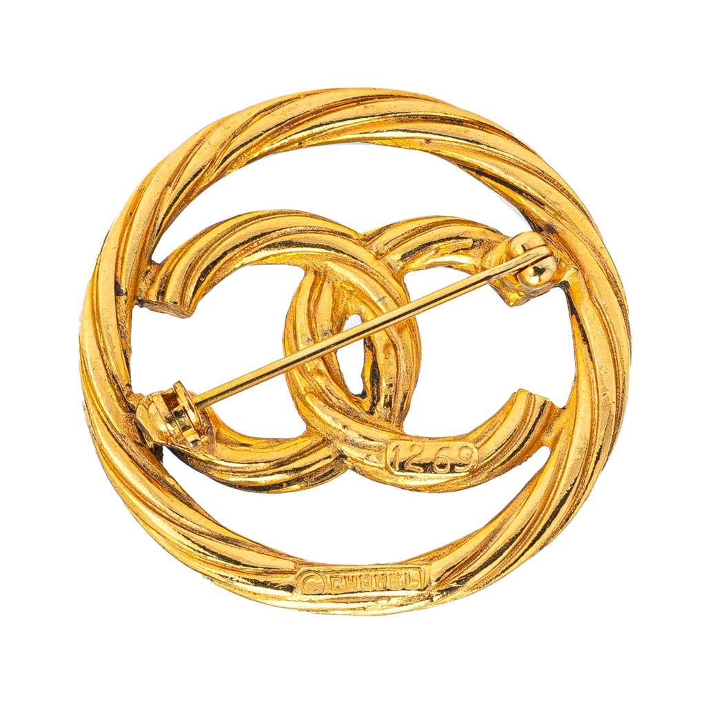 Chanel Gold Plated CC Round Rope Brooch - Back view