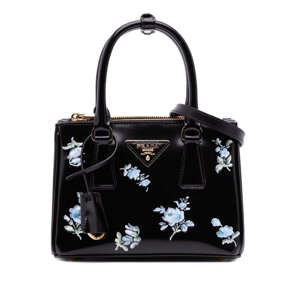 Prada Mini Brushed Leather Floral Print Galleria Double Zip Satchel