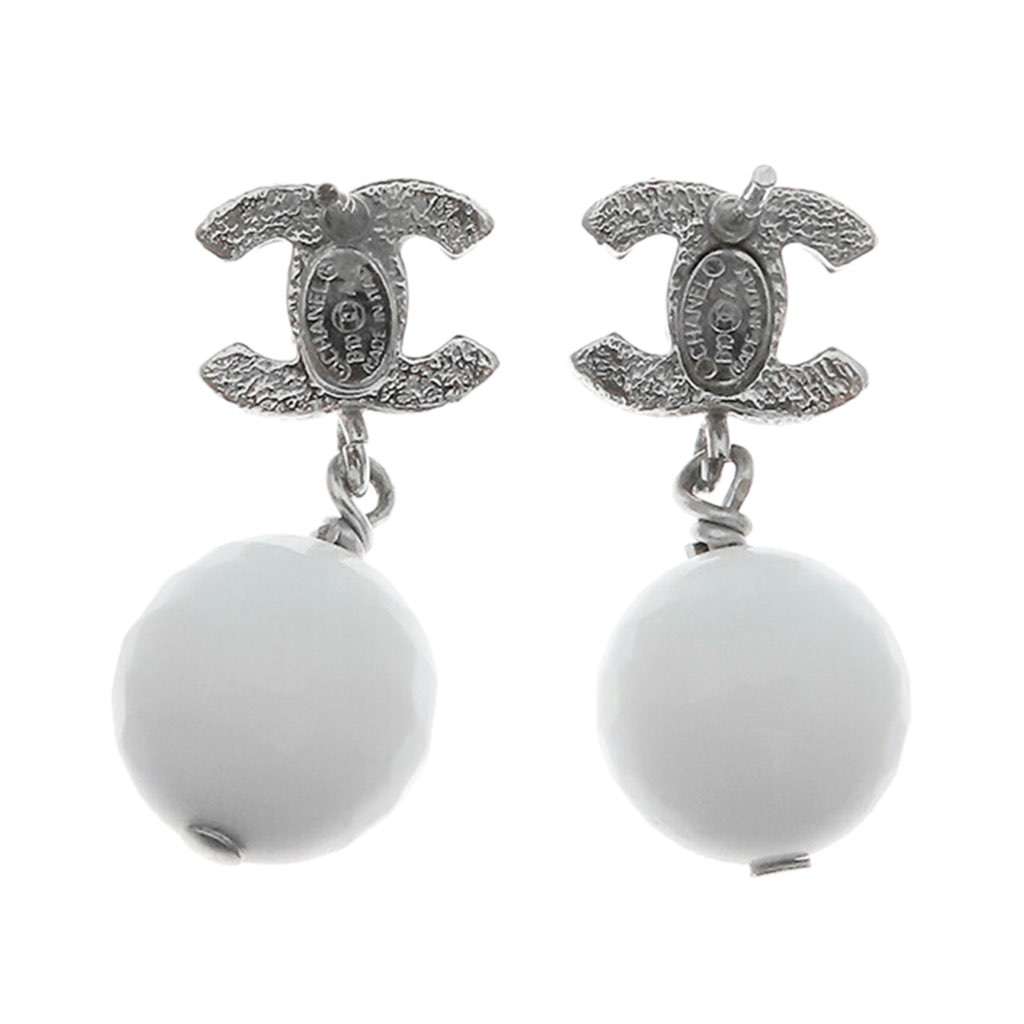 Chanel Silver Plated CC Enamel Bead Drop Push Back Earrings - 2