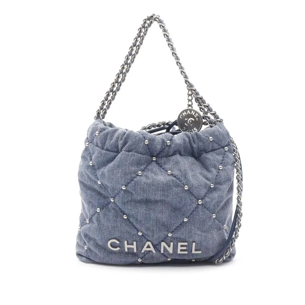 Chanel Mini Denim Studded 22 Handbag Blue Denim Good - Front View