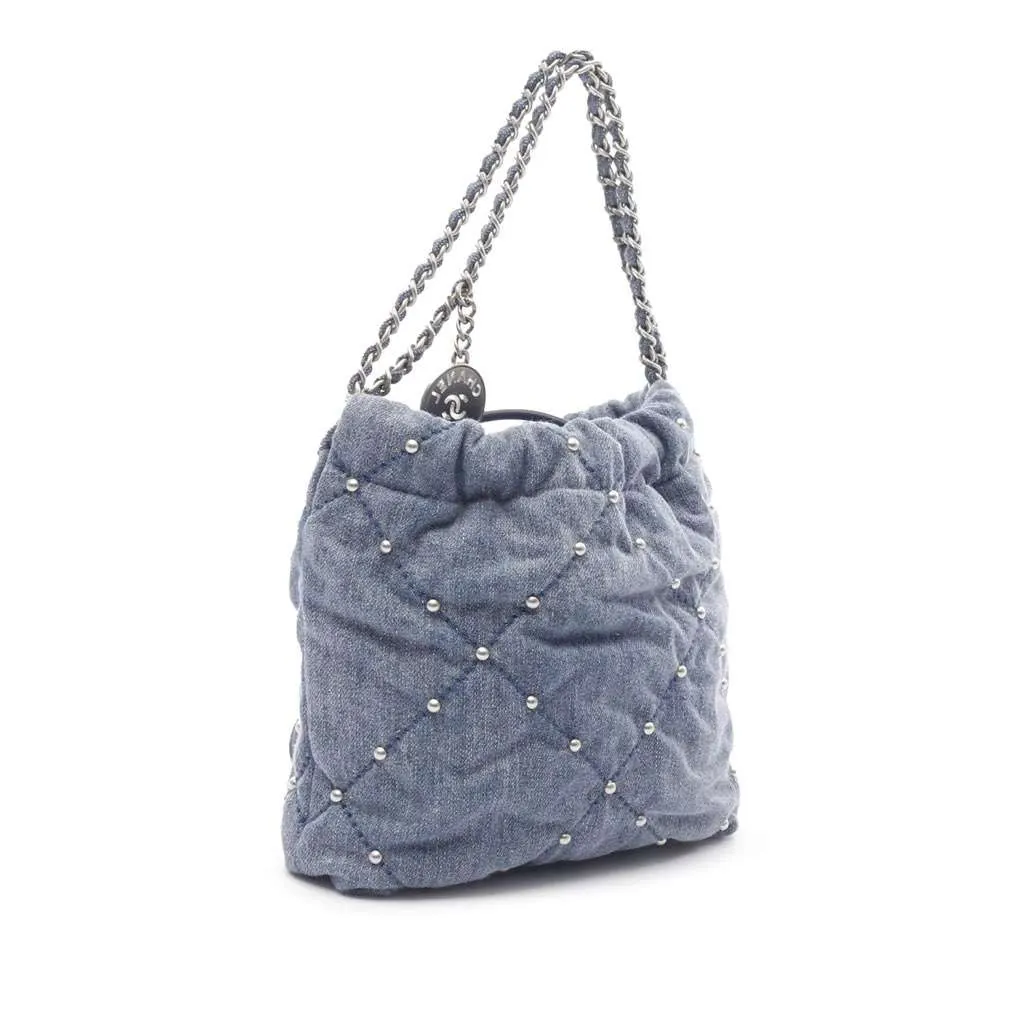 Chanel Mini Denim Studded 22 Handbag Blue Denim Good - Back View