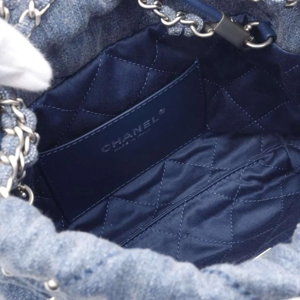 Chanel Mini Denim Studded 22 Handbag Blue Denim Good - Inside View