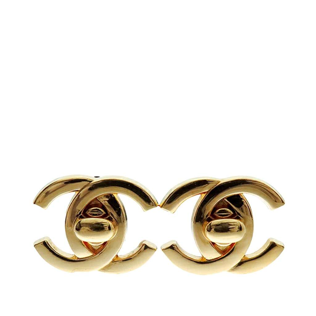 Chanel Gold Plated CC Turn Lock Clip on Earrings