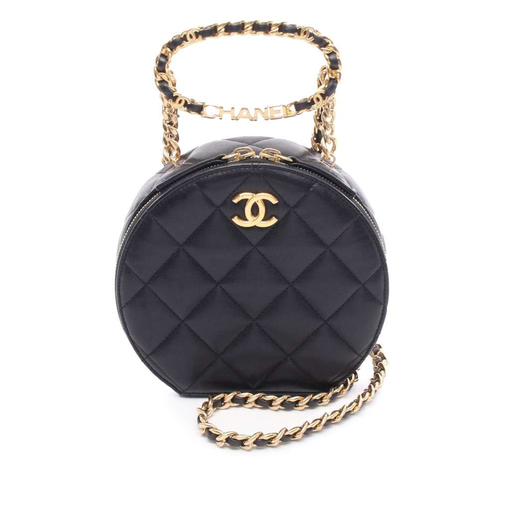 Chanel Quilted Lambskin Oval Logo Chain Top Handle Round Clutch on Chain