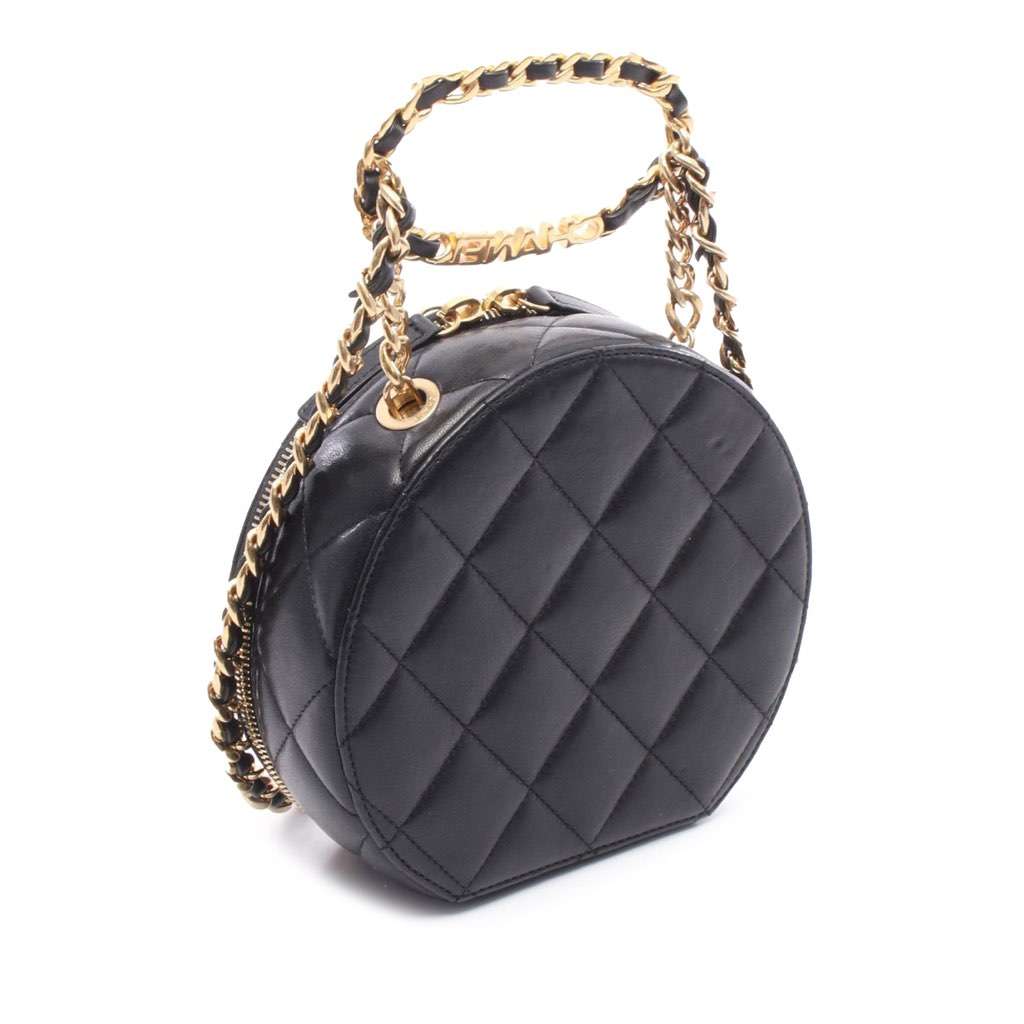 Chanel Quilted Lambskin Oval Logo Chain Top Handle Round Clutch on Chain - Back view