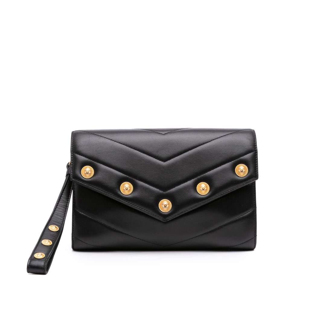 Chanel Chevron Lambskin CC Medallion Button Flap Clutch
