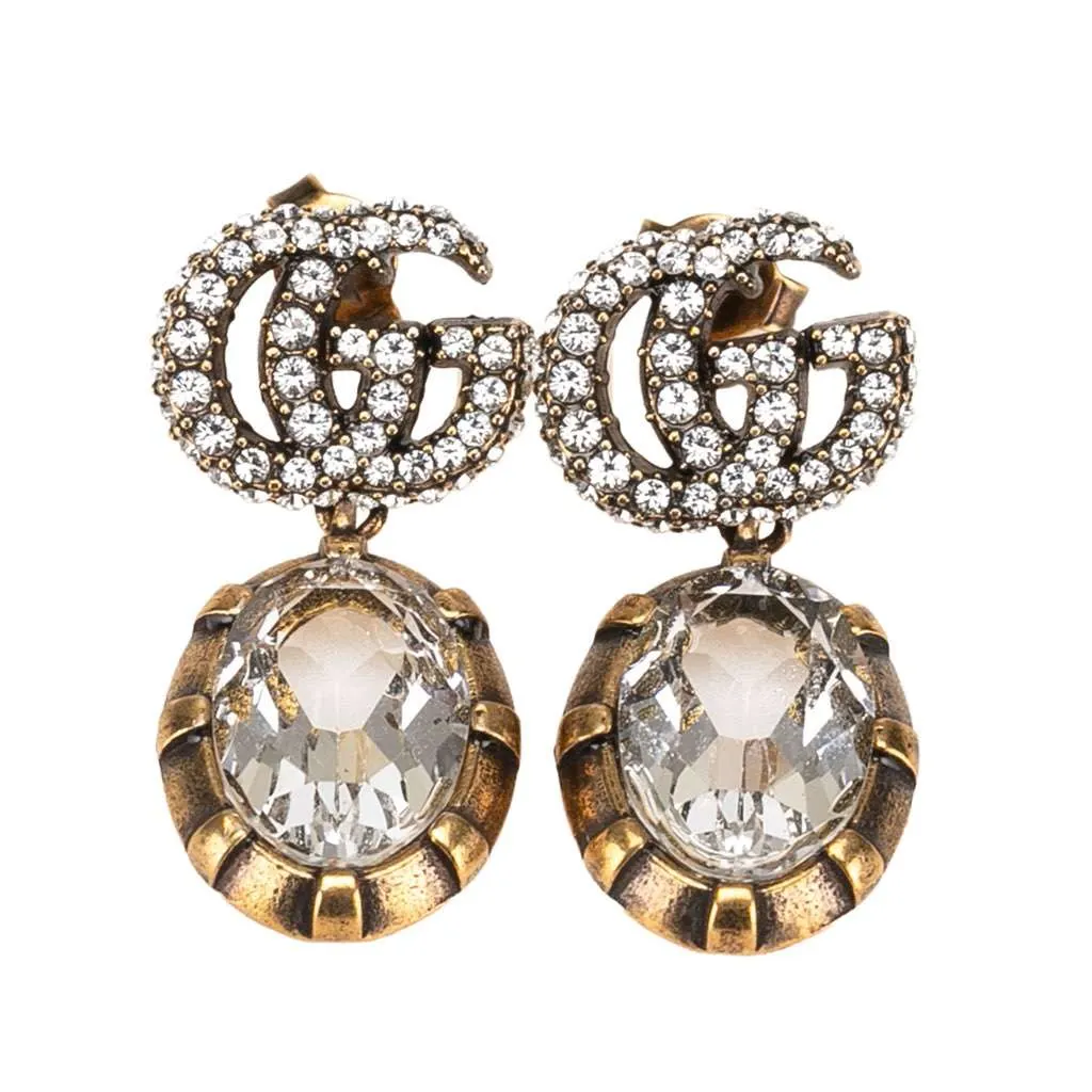 Gucci Gold Plated GG Marmont Crystal Drop Push Back Earrings White Metal Good - Front View