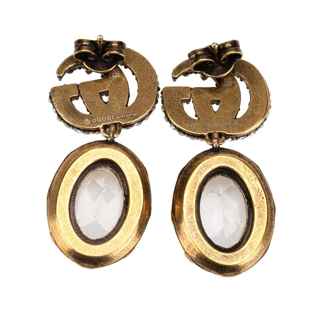 Gucci Gold Plated GG Marmont Crystal Drop Push Back Earrings White Metal Good - Back View