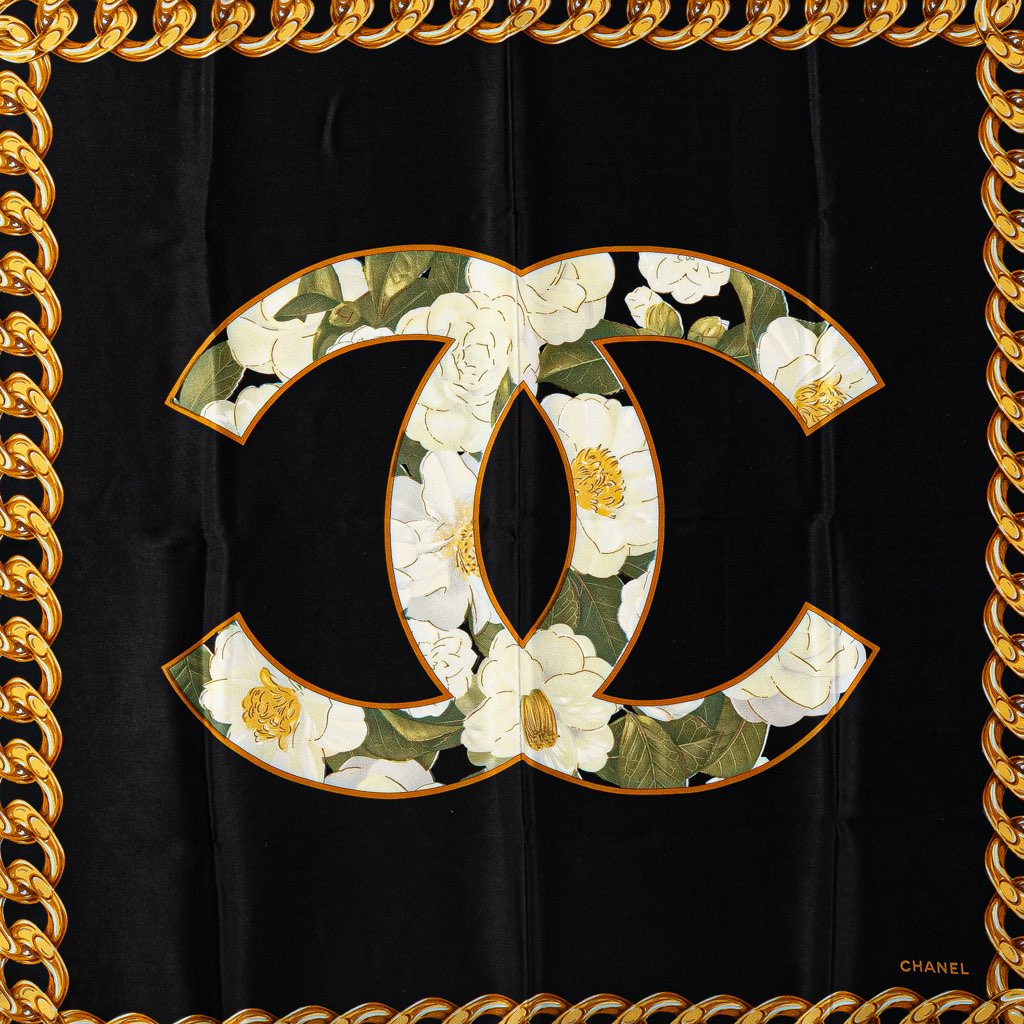 Chanel CC Camellia and Chain Print Silk Scarf - 2