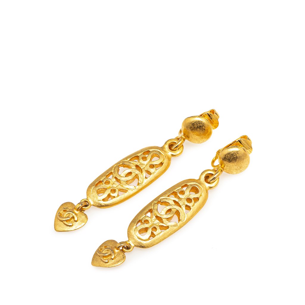 Chanel Gold Plated CC Mini Heart Swing Clip On Earrings