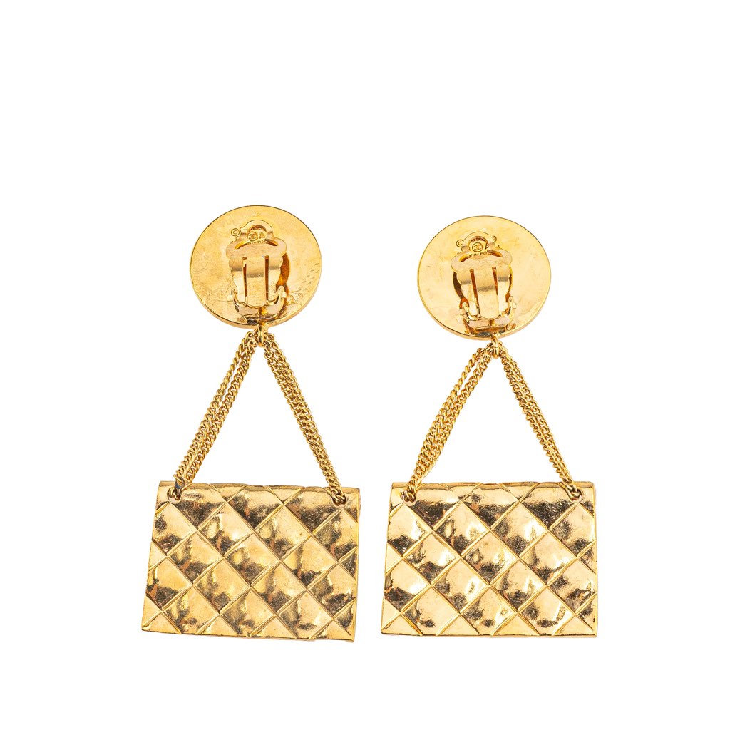 Chanel Gold Plated Flap Bag Drop Clip On Earrings - 2