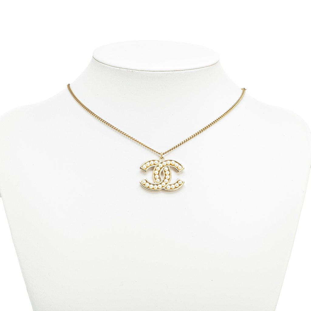 Chanel Gold Plated Faux Pearl CC Pendant Necklace - 5