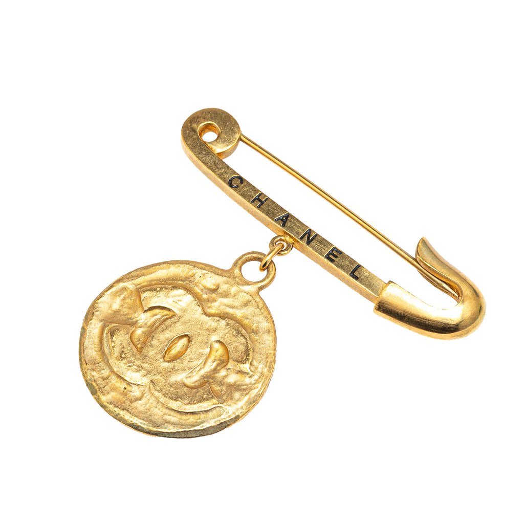 Chanel Gold Plated CC Medallion Safety Pin Brooch