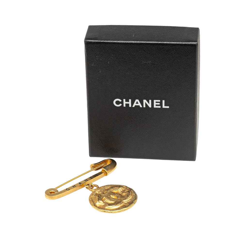 Chanel Gold Plated CC Medallion Safety Pin Brooch - 4