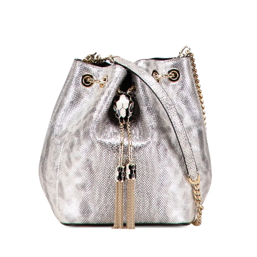 Bvlgari Metallic Karung Serpenti Forever Bucket Bag Silver Leather Good - Front View