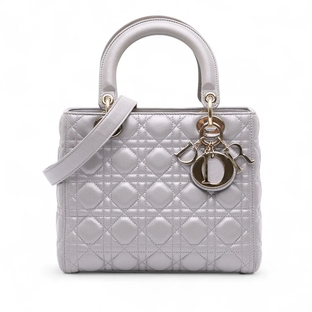 Dior Medium Pearlescent Lambskin Cannage Lady Dior Grey Leather Good - Front View
