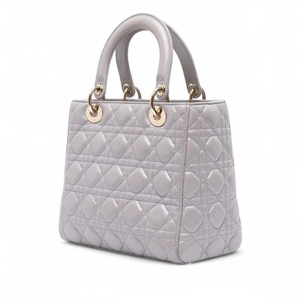 Dior Medium Pearlescent Lambskin Cannage Lady Dior Grey Leather Good - Back View