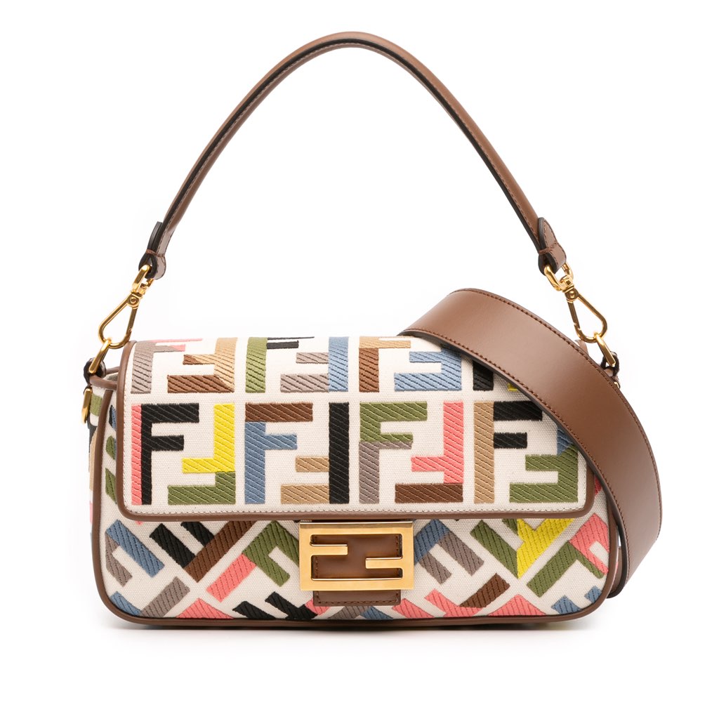 Fendi Zucca Canvas Embroidered Baguette Satchel