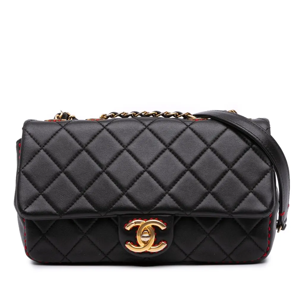 Chanel CC Quilted Lambskin Contrast Stitch Single Flap Black Leather Good - Front View