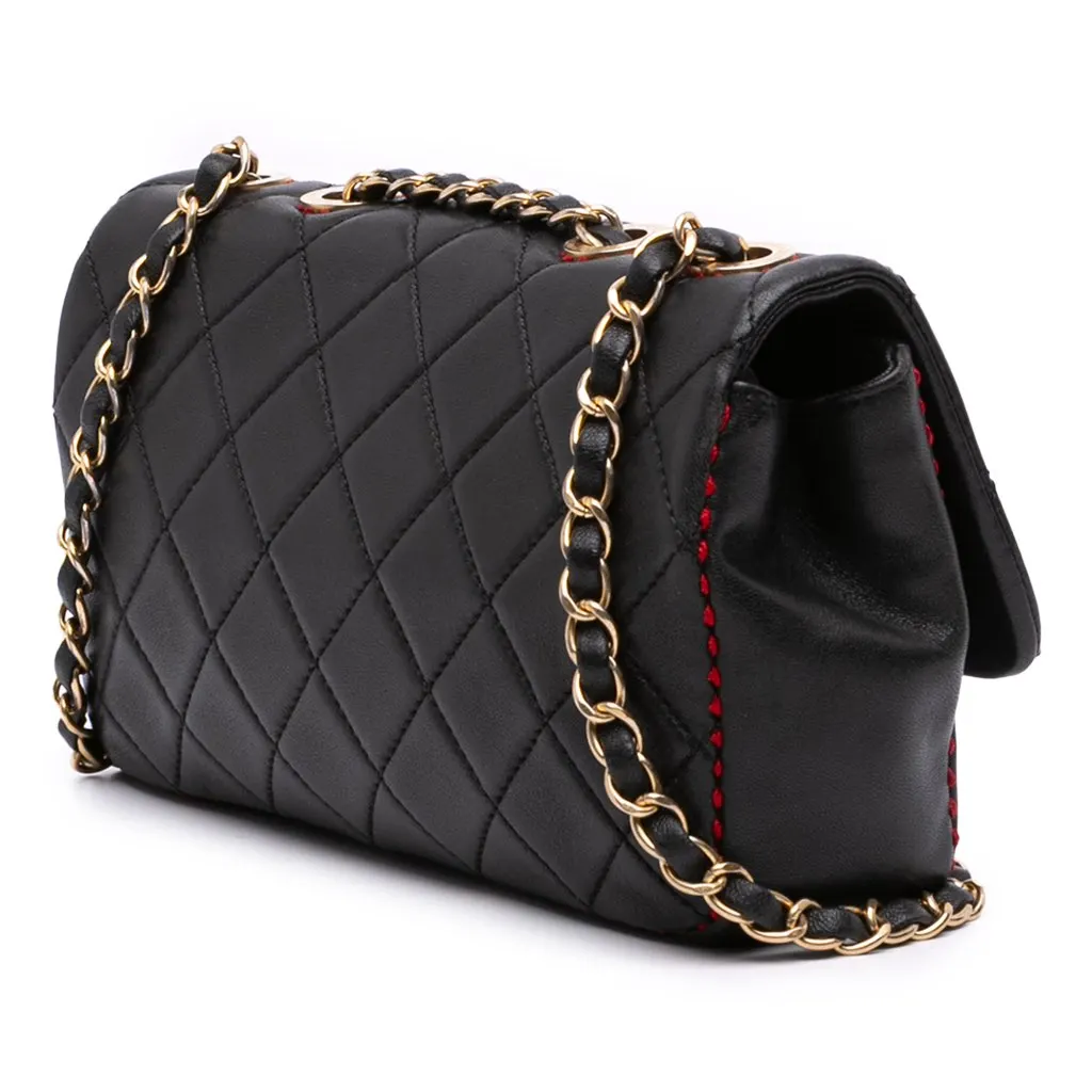 Chanel CC Quilted Lambskin Contrast Stitch Single Flap Black Leather Good - Back View