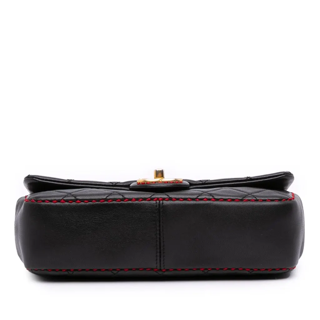 Chanel CC Quilted Lambskin Contrast Stitch Single Flap Black Leather Good - Inside View
