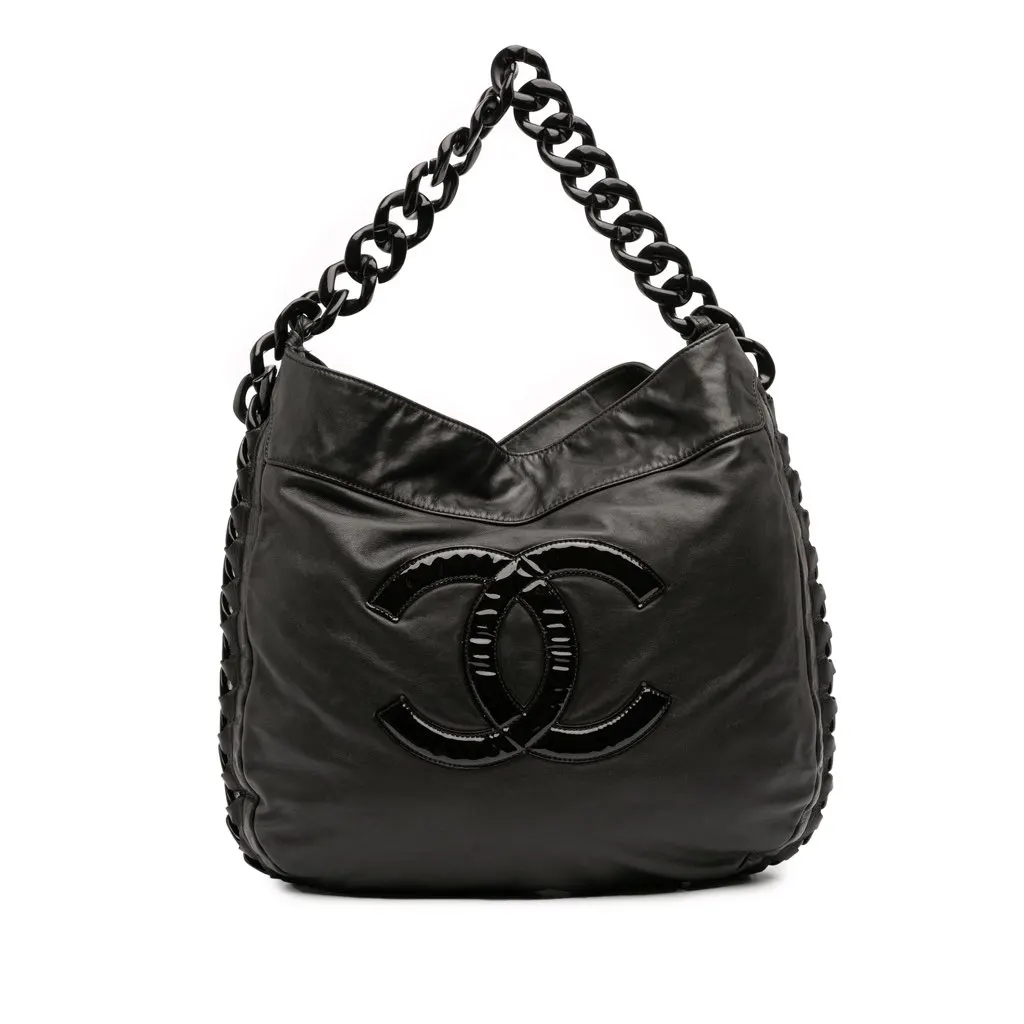 Chanel Calfskin Modern Chain Rhodoid Hobo Black Leather Good - Front View