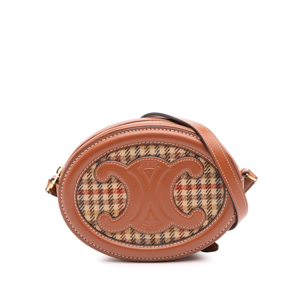 Celine Small Houndstooth Canvas and Calfskin Cuir Triomphe Oval Crossbody
