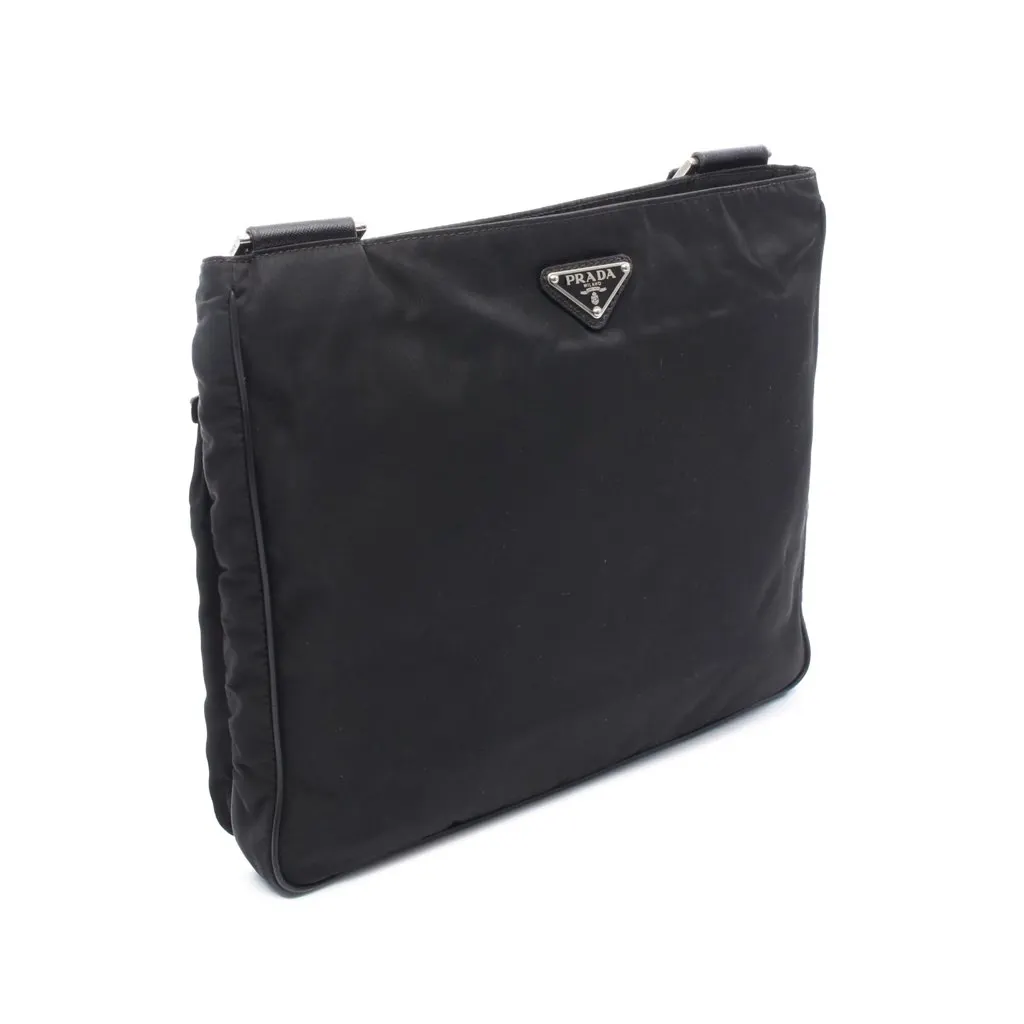 Prada Saffiano Trimmed Re Nylon Zip Top Crossbody Black Good - Back View