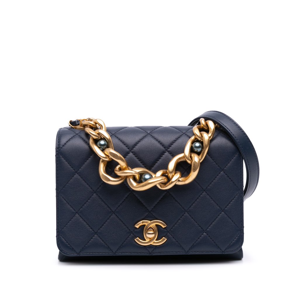 Chanel CC Quilted Lambskin Triple Pearl Chain Flap