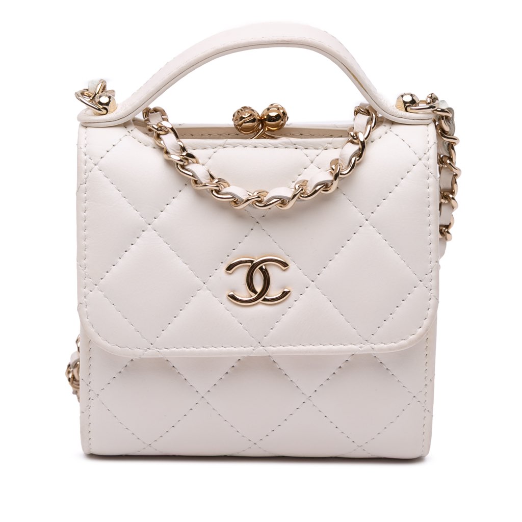 Chanel Mini CC Quilted Lambskin Kiss Lock Frame Top Handle Clutch with Chain
