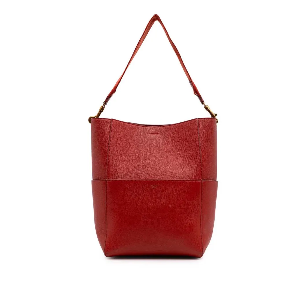 Celine Medium Leather Seau Sangle Bucket Bag Red Leather Good - Front View