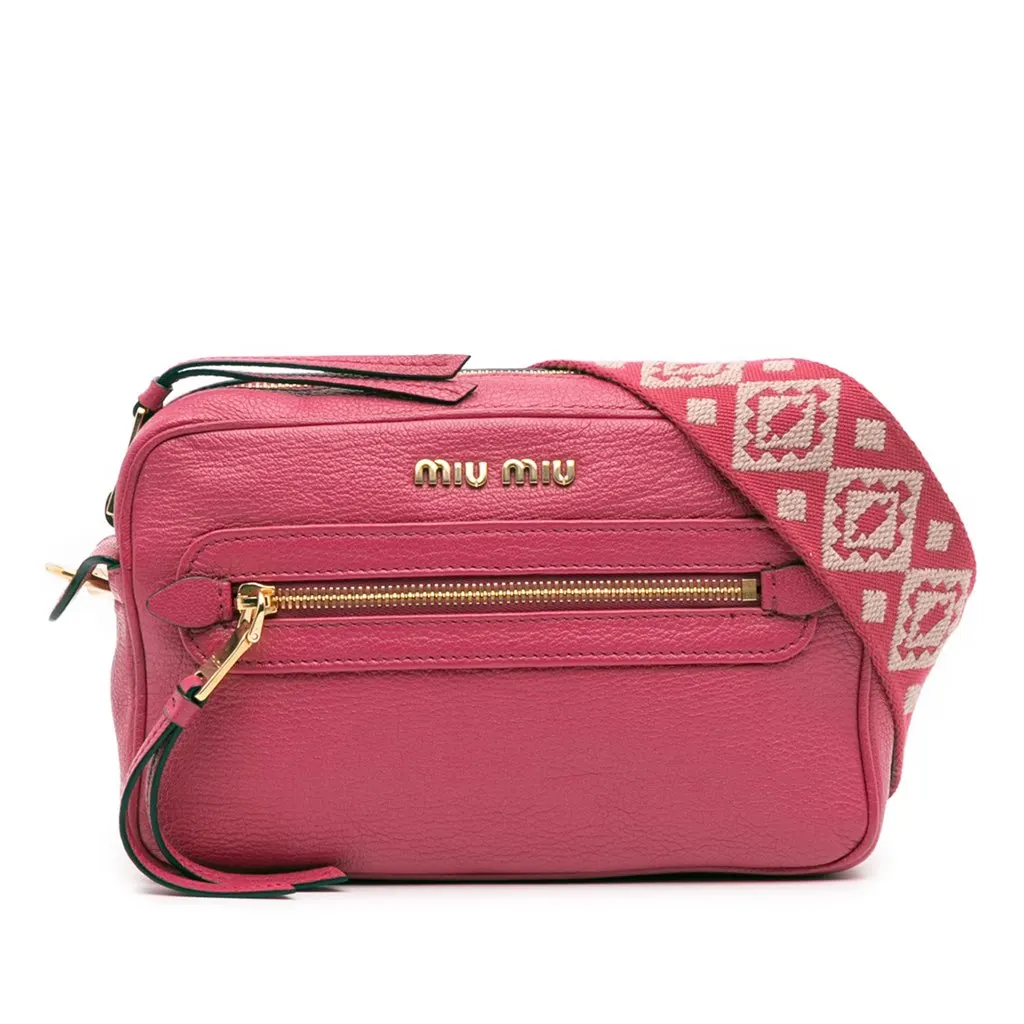 Miu Miu Goatskin Madras Camera Bag Pink Leather Good - Front View