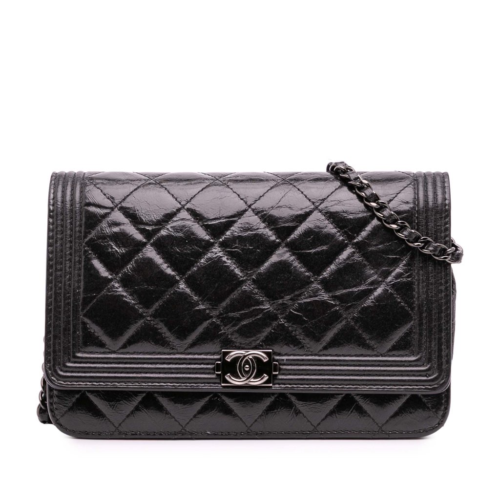 Chanel Quilted Shiny Aged Calfskin Boy Wallet On Chain