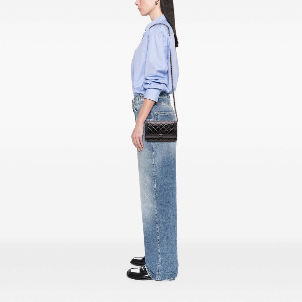 Chanel Quilted Shiny Aged Calfskin Boy Wallet On Chain - Image 13