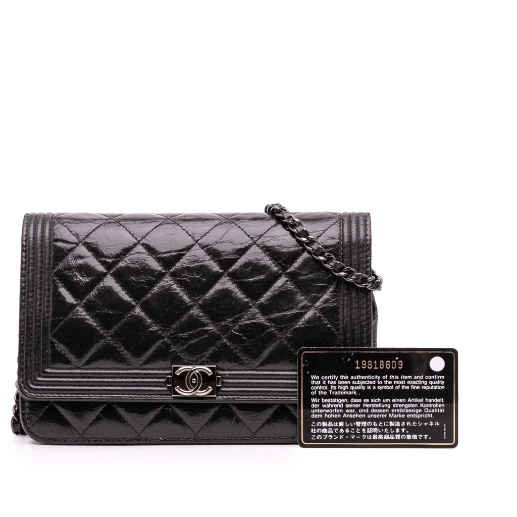Chanel Quilted Shiny Aged Calfskin Boy Wallet On Chain - Image 14