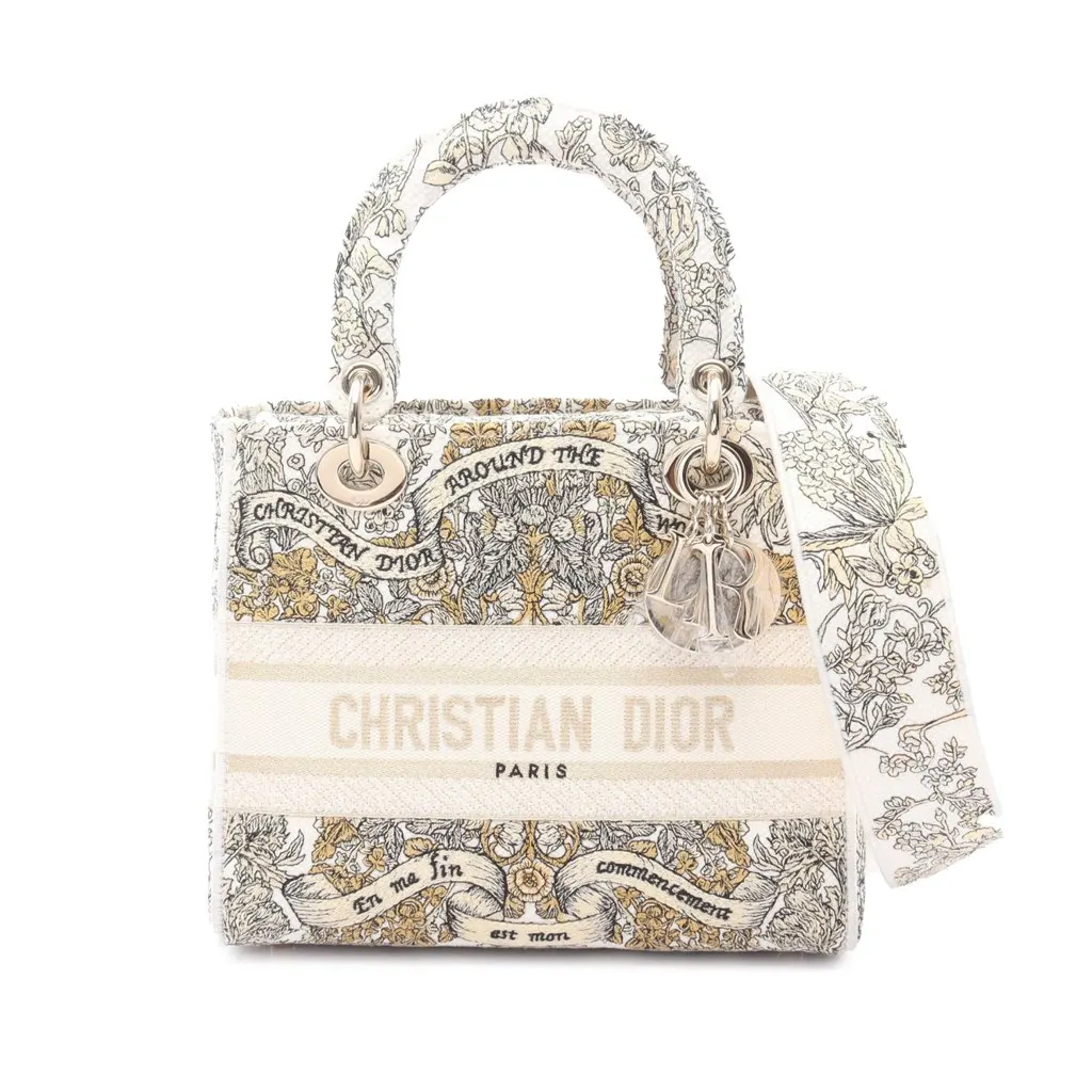 Dior Medium Embroidered Canvas Around The World Stella Lady D-Lite White Canvas Good - Front View