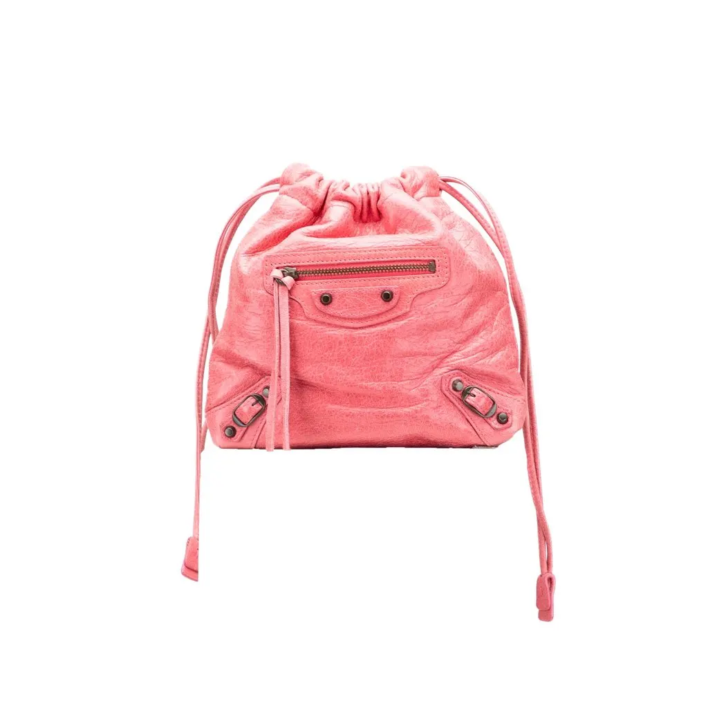 Balenciaga Lambskin Motocross Move On Drawstring Pouch Pink Leather Very good - Front View