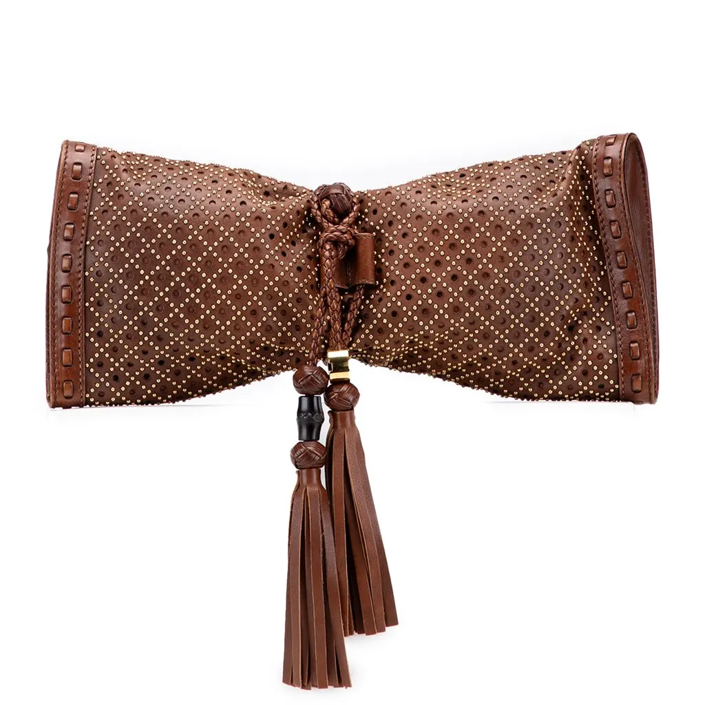Gucci Perforated Leather Studded Malika Clutch Brown Leather Good - Front View