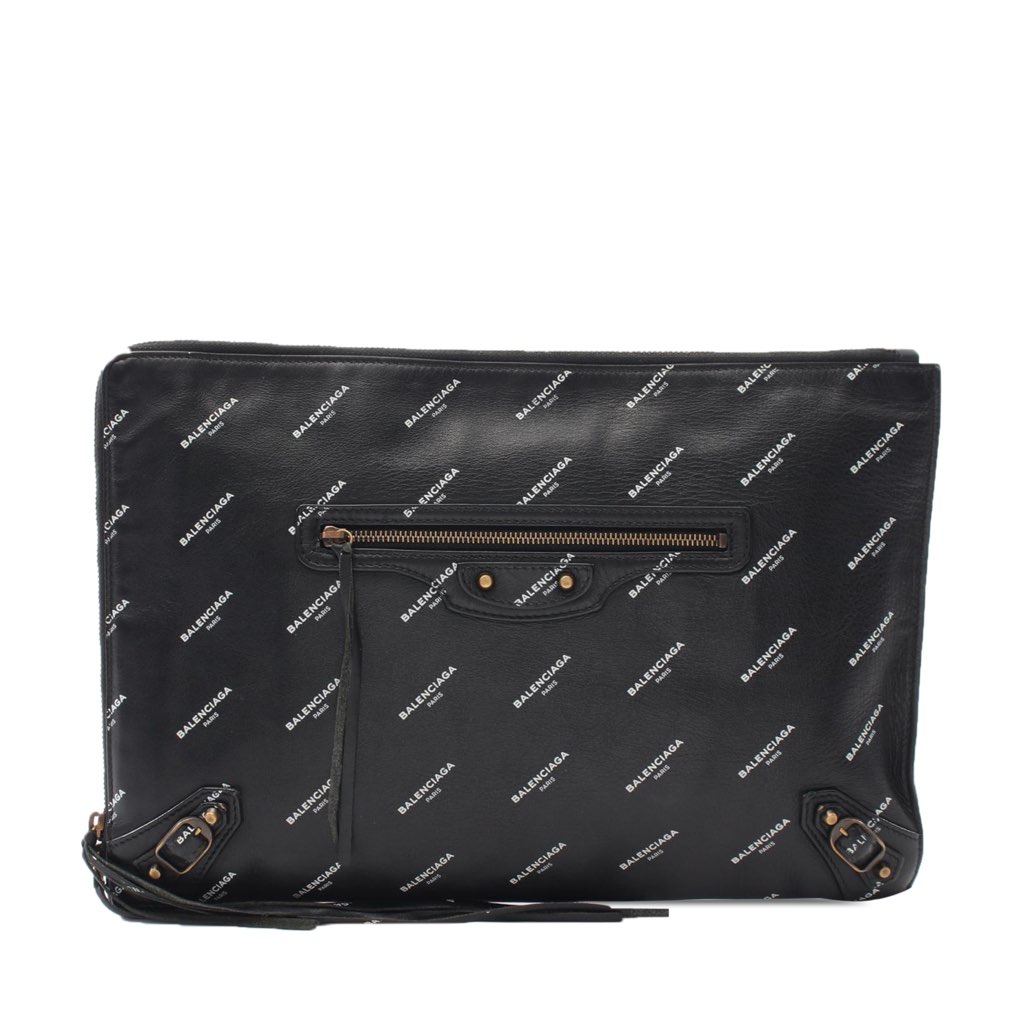 Balenciaga Lambskin Motocross Logo Print Classic Clutch