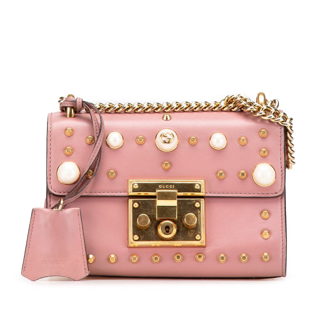 Gucci Small Pearl Studded Leather Padlock Crossbody