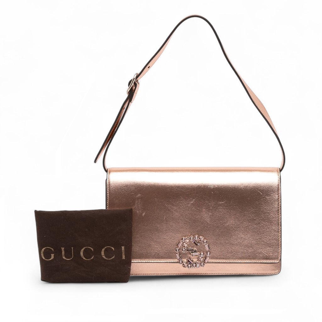 Gucci Metallic Leather Crystal Embellished Broadway Clutch on Strap - Image 12