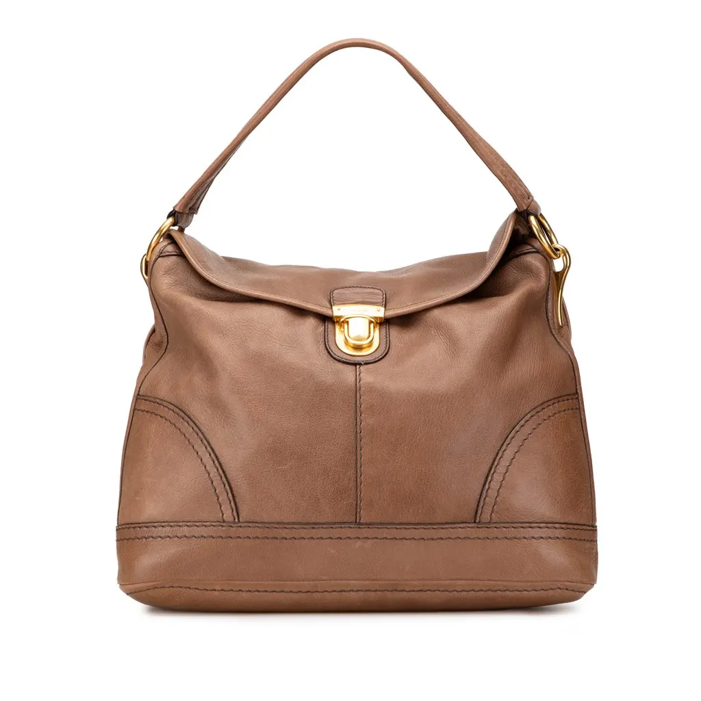 Prada Cervo Shine Flap Hobo Brown Leather Good - Front View