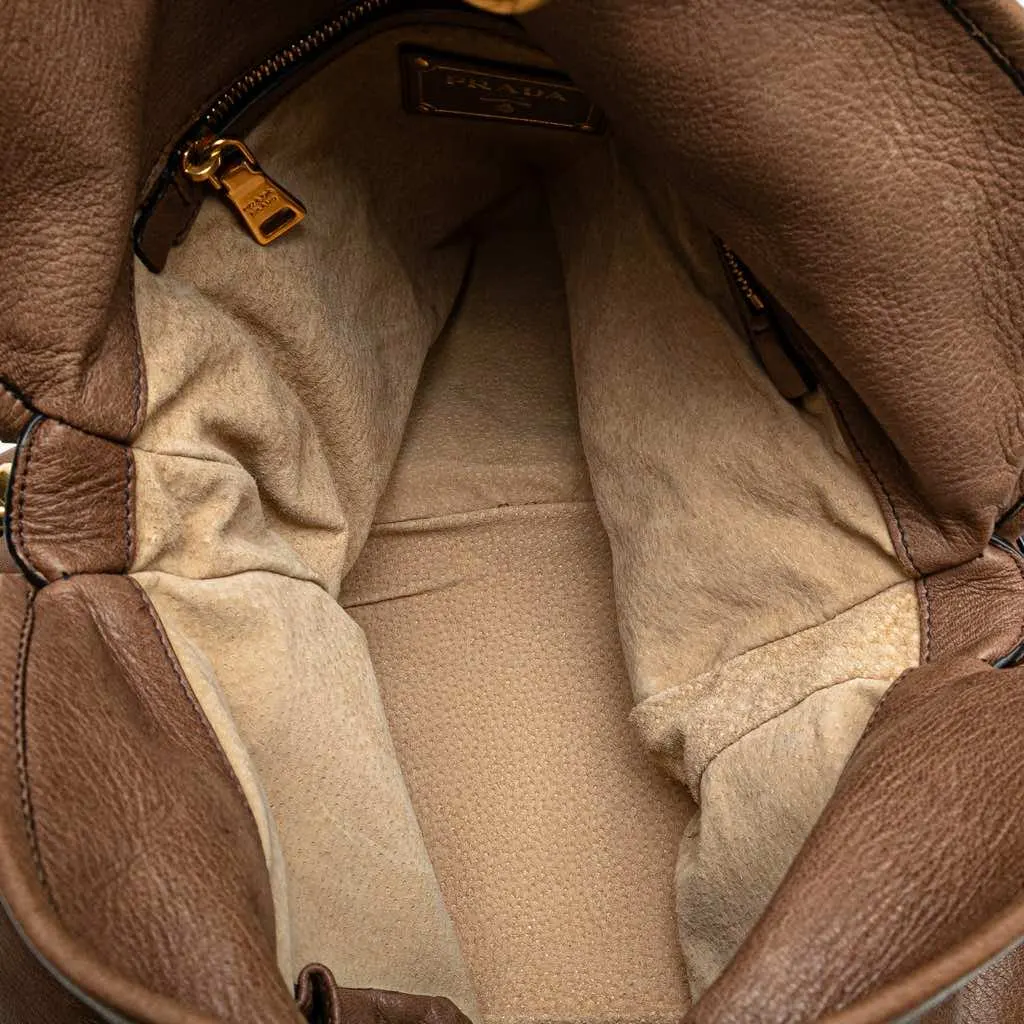 Prada Cervo Shine Flap Hobo Brown Leather Good - Model View