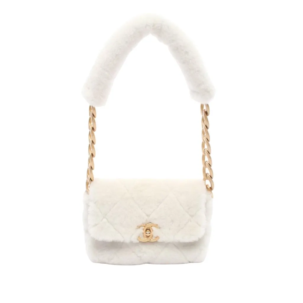 Chanel CC Quilted Shearling Padded Chain Flap White Good - Front View