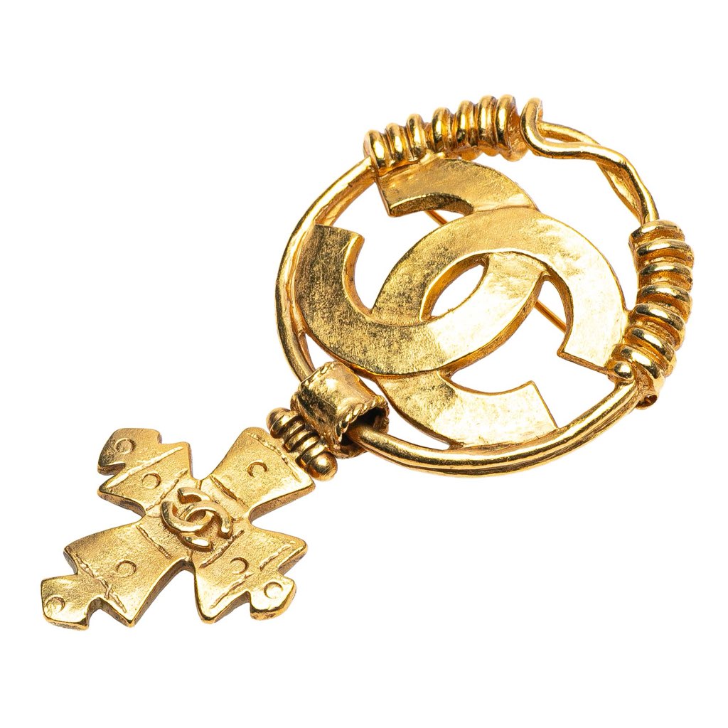 Chanel CC Gold Plated Cross Dangle Brooch