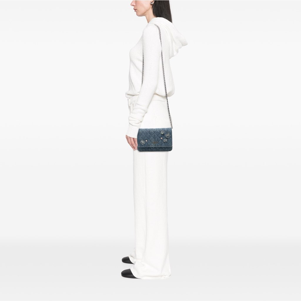 Chanel Quilted Denim Camellia Wallet On Chain Denim - Image 15