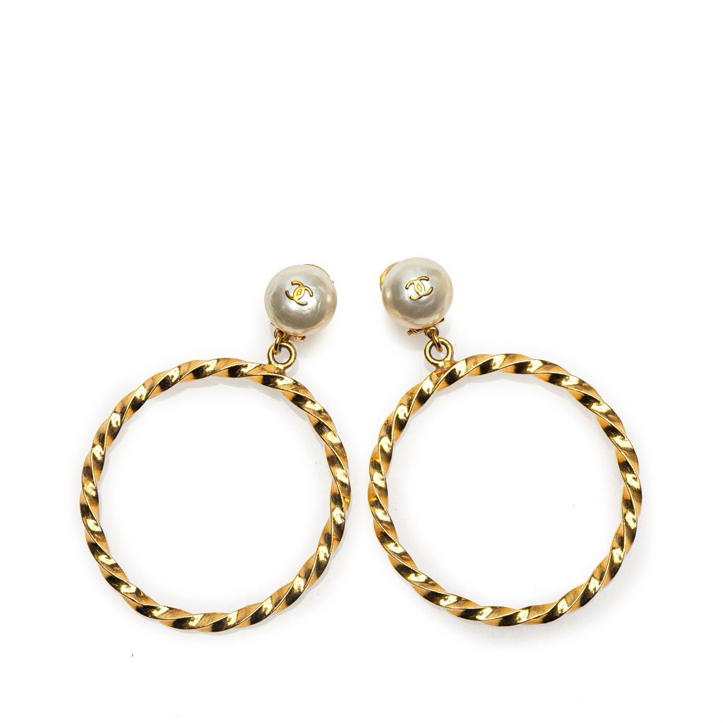 Chanel CC Gold Plated Big Hoop Pearl Clip On Earrings