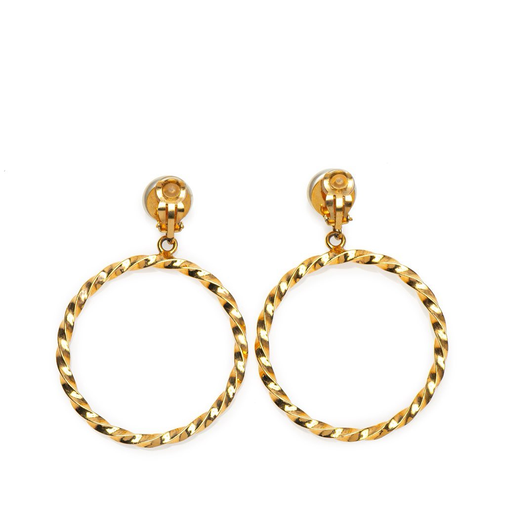 Chanel CC Gold Plated Big Hoop Pearl Clip On Earrings - Back view