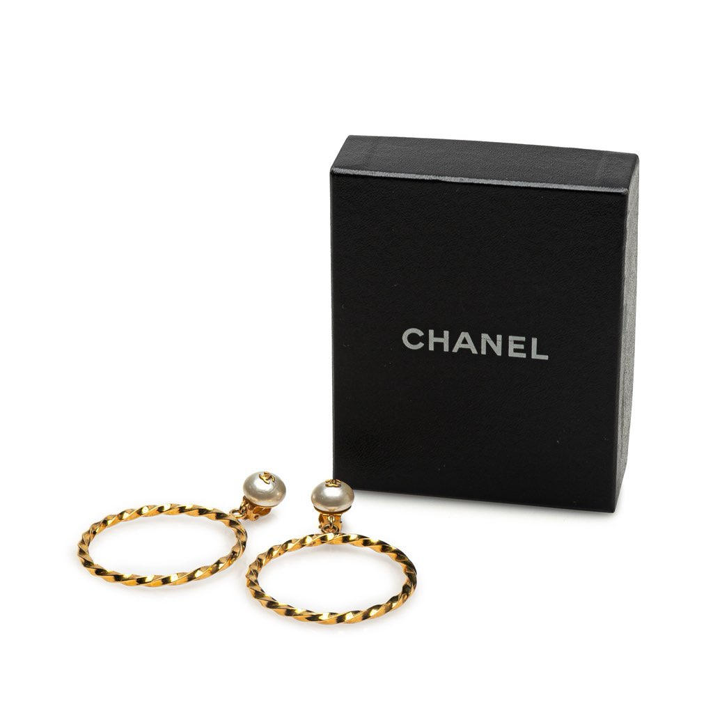 Chanel CC Gold Plated Big Hoop Pearl Clip On Earrings - 4