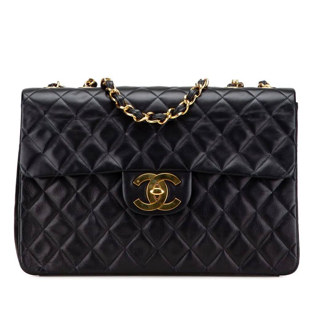 Chanel Maxi XL Classic Lambskin Single Flap Black Leather Good - Front View